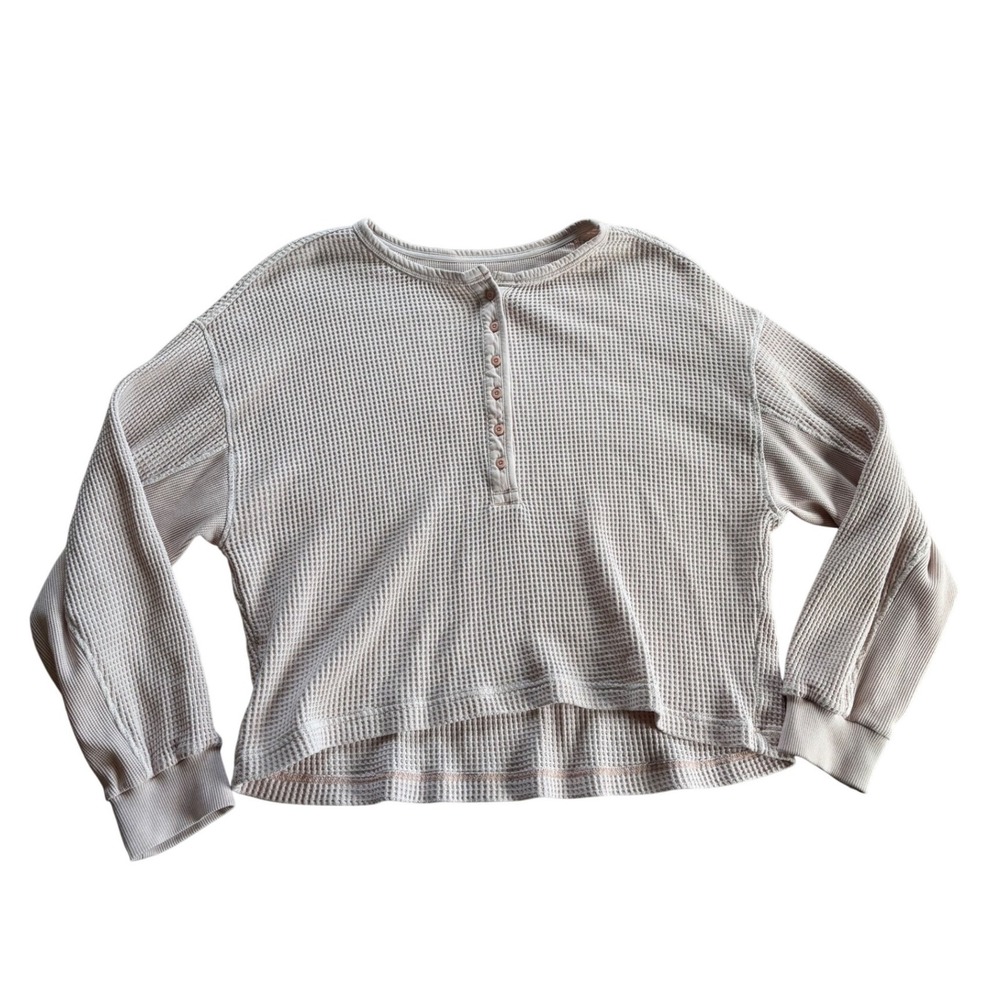 Aerie Womens Henley Waffle Knit Long Sleeve Top Light Pink Size L